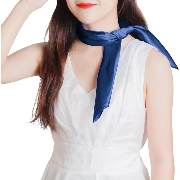 Women Navy Blue Chiffon Square Ribbon Neck Scarf Satin Handkerchief Halloween - Picture 5 of 7